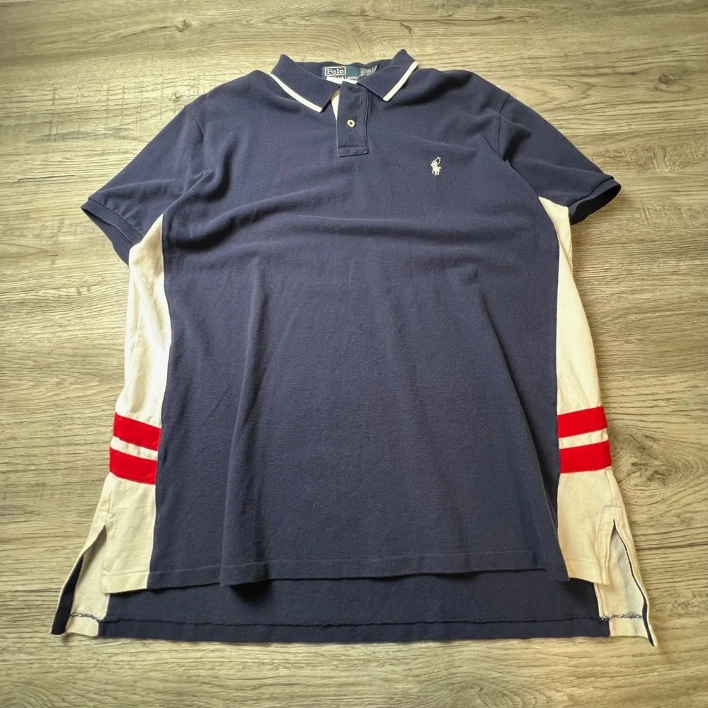 Polo Ralph Lauren Polo Shirt Mens XXL Navy Blue Colorblock Stripe Custom Fit